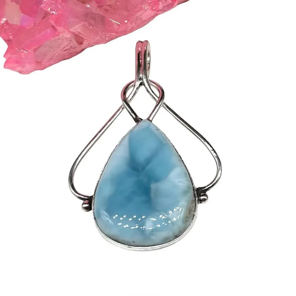 Larimar Necklace Pendant Solid 925 Sterling Silver Light Blue Stone Boho